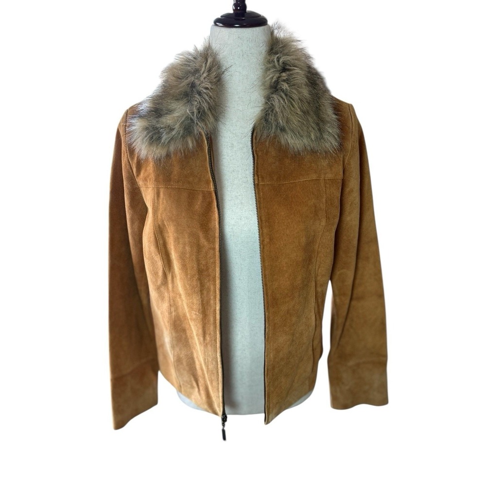 Vtg Fur Collar Suede Leather Camel Brown Jacket Boho Cowgirl Moto Size Small - Picture 9 of 14